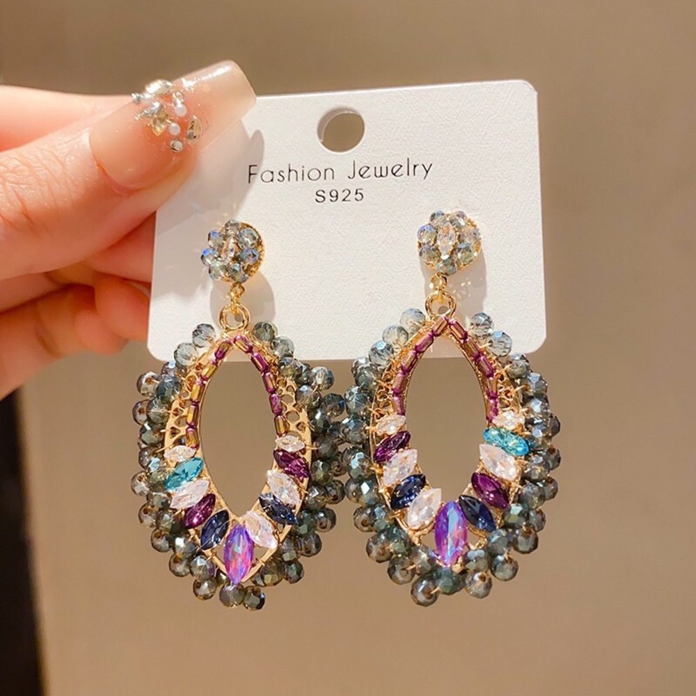 Fashion Jewelry Gold-Tone Multicolor Crystal Oval Drop Earrings